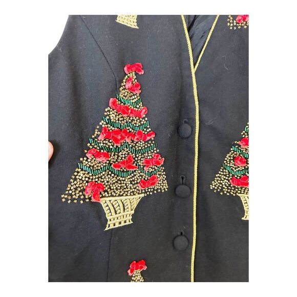 JENNA VTG Bow Beaded Christmas Tree Topiary Wool Vest Sz M - Picture 3 of 5